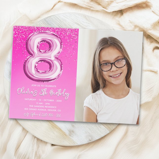 Elegant 8th Birthday Pink Number Balloon with phot Invitation (Creator Uploaded)