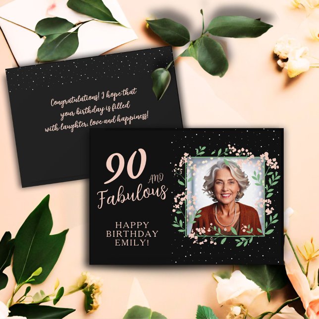 Elegant 90 and Fabulous Flower 90th Birthday Photo Card (Creator Uploaded)