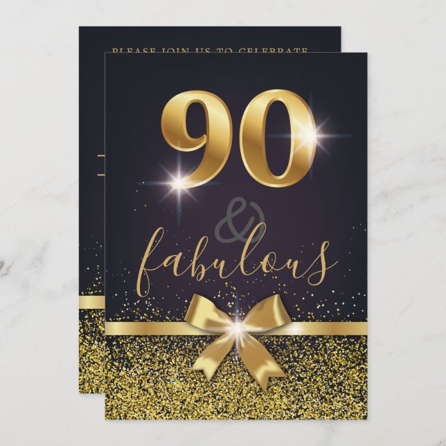 Elegant 90 & Fabulous Gold Glitter 90th Birthday Invitation (Front/Back)
