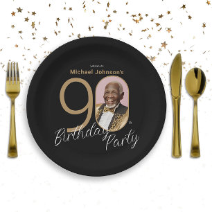 Elegant 90th Birthday Black Gold Custom Photo  Paper Plate