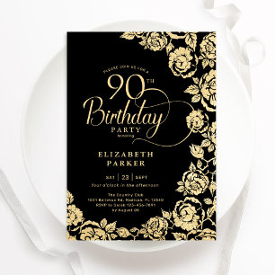 Elegant 90th Birthday Black Gold Roses Invitation