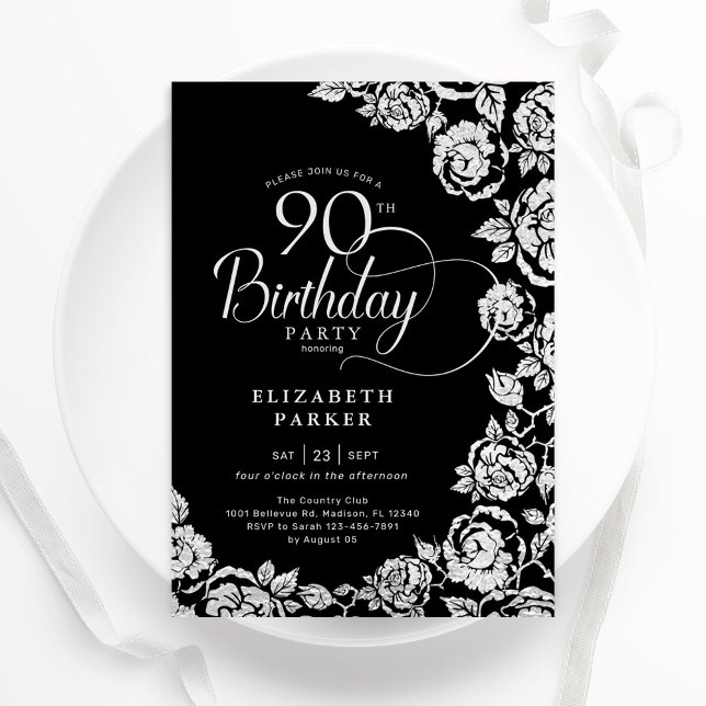 Elegant 90th Birthday Black Silver Roses Invitation (Creator Uploaded)