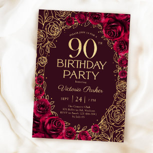 Elegant 90th Birthday Burgundy Gold Floral Invitation