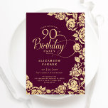Elegant 90th Birthday Burgundy Gold Roses Invitation<br><div class="desc">Burgundy gold floral 90th birthday party invitation. Elegant design featuring roses,  faux gold foil and typography script font. Trendy invite card perfect for a stylish female bday celebration. Can be customised to any age. Personalise with your own details. Printed Zazzle invitations or instant download digital printable template.</div>