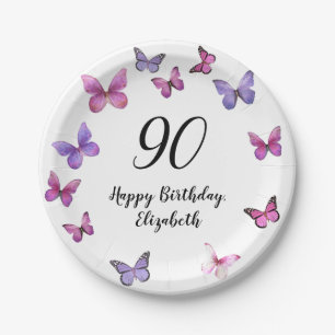 Elegant 90th Birthday Butterflies Custom Name Paper Plate