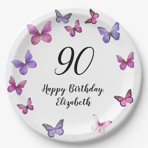 Elegant 90th Birthday Butterflies Custom Name Paper Plate