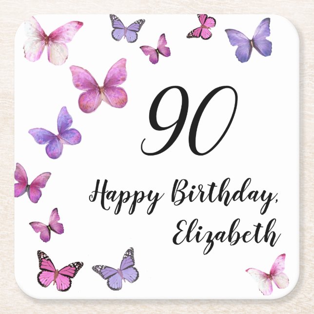 Elegant 90th Birthday Butterflies Custom Name Square Paper Coaster (Front)