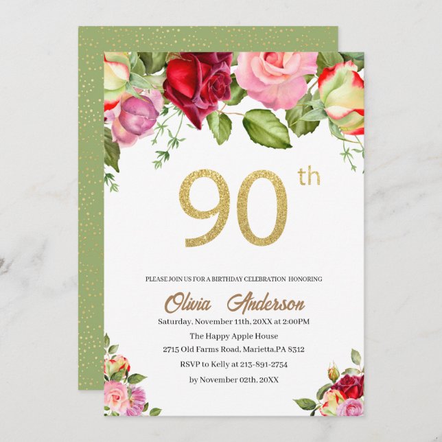 Elegant 90th  Birthday Celebration Watercolor Glit Invitation (Front/Back)