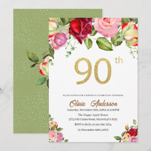 Elegant 90th Birthday Celebration Watercolor Glit Invitation