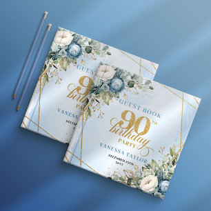 Elegant 90th Birthday Dusty Blue Floral Frame Book