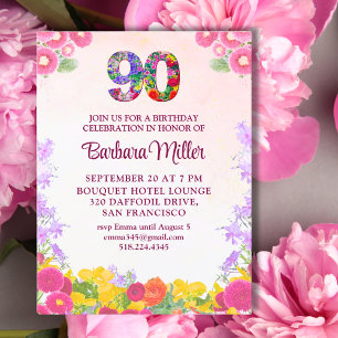 Elegant 90th Birthday - Floral 90 Invitation Postcard