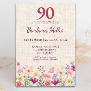 Elegant 90th Birthday for Her - Linen Floral Invitation
