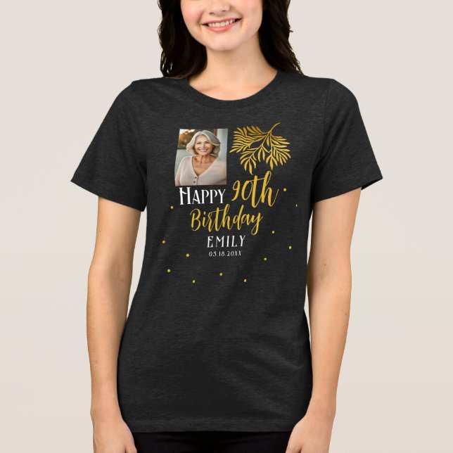 Elegant 90th Birthday Gold Foliage Photo Party Tri-Blend Shirt (Front)