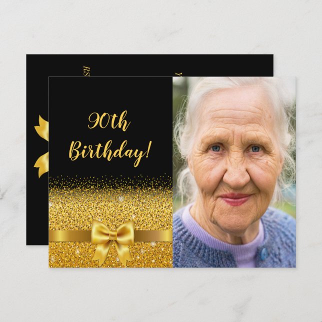 Elegant 90th birthday invitation black gold photo (Front/Back)