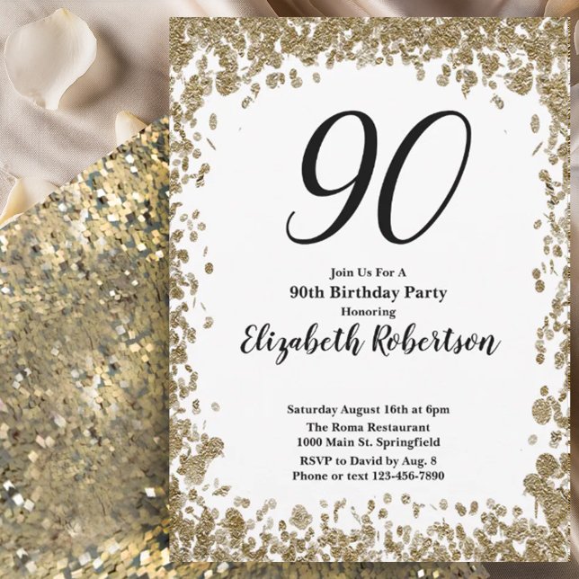 Elegant 90th Birthday Invitation For Her in Gold (Creator Uploaded)