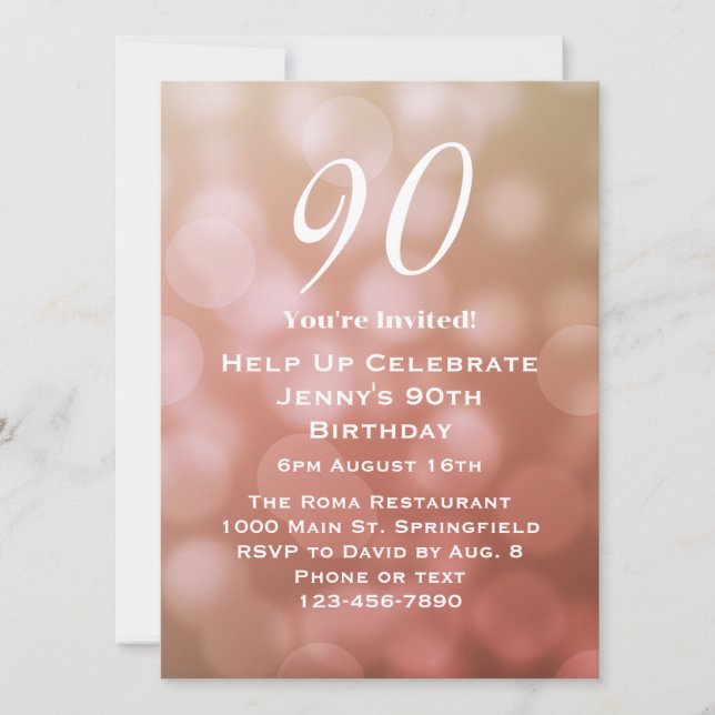 Elegant 90th Birthday Invitation For Her in Pink (Front)
