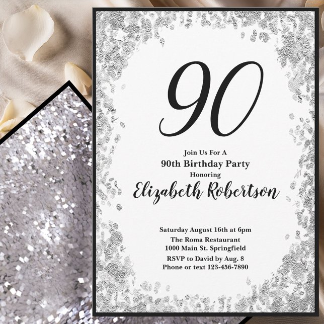 Elegant 90th Birthday Invitation For Her in Silver (Creator Uploaded)