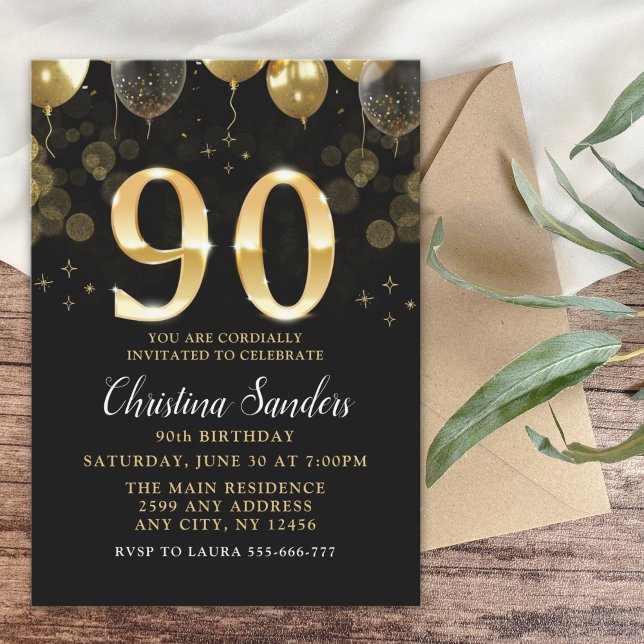 Elegant 90th Birthday Invitation with Gold Glitter (Creator Uploaded)