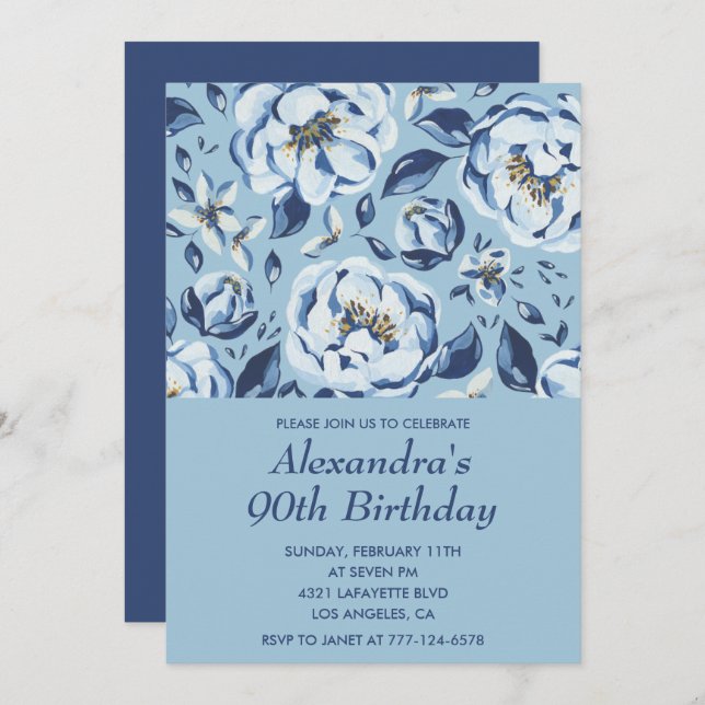 Elegant 90th birthday invitations Floral Blue (Front/Back)
