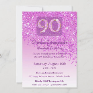Elegant 90th Birthday Magenta Pink Glitter Invitation
