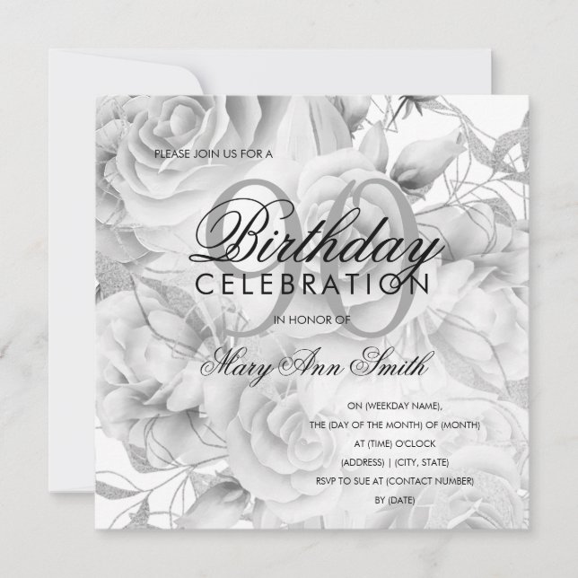 Elegant 90th Birthday Party Floral Silver White (Front)