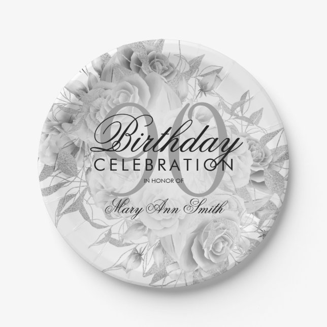 Elegant 90th Birthday Party Floral Silver White Paper Plate (Front)