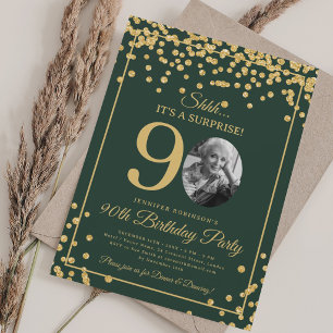 Elegant 90th Birthday Party Gold Confetti Green  Invitation