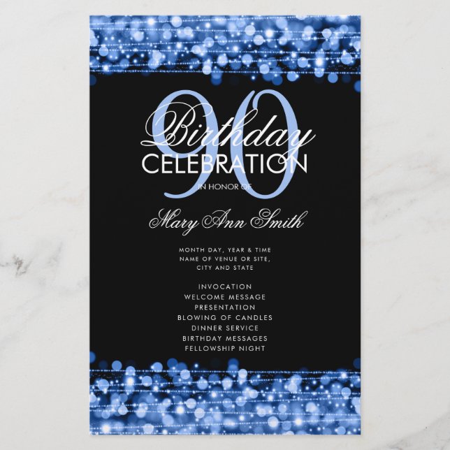 Elegant 90th Birthday Party Program Navy w/ Menu (Front)