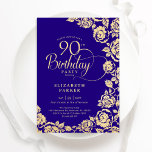 Elegant 90th Birthday Purple Gold Roses Invitation<br><div class="desc">Purple gold floral 90th birthday party invitation. Elegant design featuring roses,  faux gold foil and typography script font. Trendy invite card perfect for a stylish female bday celebration. Can be customised to any age. Personalise with your own details. Printed Zazzle invitations or instant download digital printable template.</div>