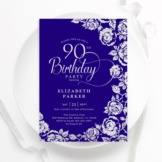 Elegant 90th Birthday Purple Silver Roses Invitation (Creator Uploaded)