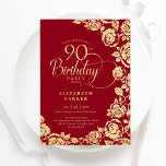 Elegant 90th Birthday Red Gold Roses Invitation<br><div class="desc">Red gold floral 90th birthday party invitation. Elegant design featuring roses,  faux gold foil and typography script font. Trendy invite card perfect for a stylish female bday celebration. Can be customised to any age. Personalise with your own details. Printed Zazzle invitations or instant download digital printable template.</div>