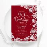 Elegant 90th Birthday Red Silver Roses Invitation<br><div class="desc">Red silver floral 90th birthday party invitation. Elegant design featuring roses,  faux silver foil and typography script font. Trendy invite card perfect for a stylish female bday celebration. Can be customised to any age. Personalise with your own details. Printed Zazzle invitations or instant download digital printable template.</div>