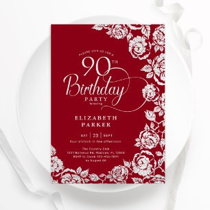 Elegant 90th Birthday Red Silver Roses Invitation
