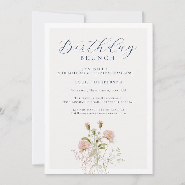 Elegant 90th Calligraphy Wildflower Birthday Invitation (Front)