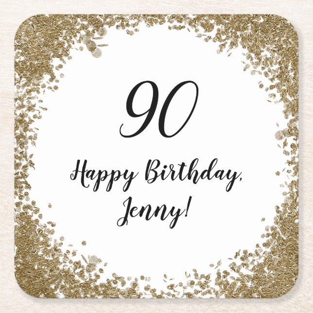 Elegant 90th Milestone Birthday Party Black Gold Square Paper Coaster (Front)