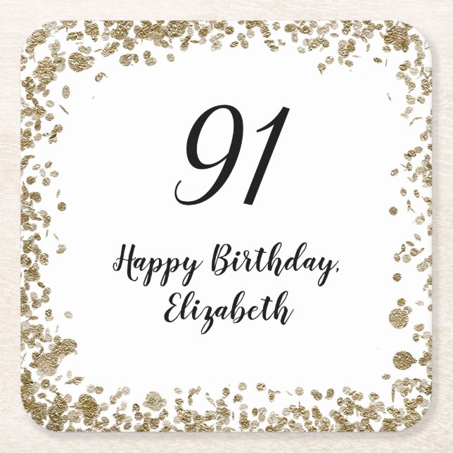 Elegant 91st Birthday Coasters With Gold Sequins (Front)