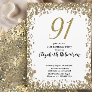 Elegant 91st Birthday Invitation For Her in Gold