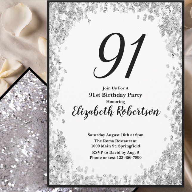 Elegant 91st Birthday Invitation For Her in Silver (Creator Uploaded)