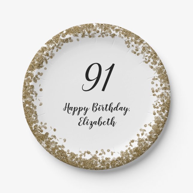 Elegant 91st Birthday Plates With Gold Sequins (Front)