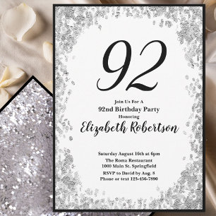 Elegant 92nd Birthday Invitation For Her in Silver