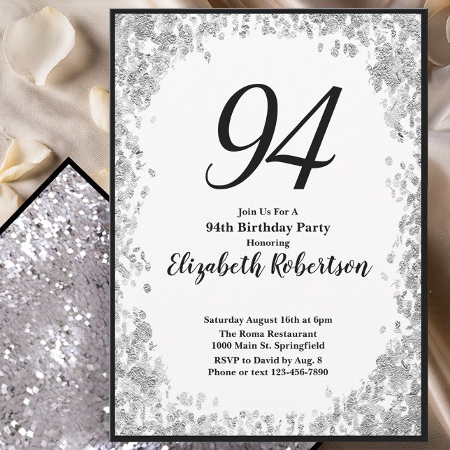 Elegant 94th Birthday Invitation For Her in Silver (Creator Uploaded)
