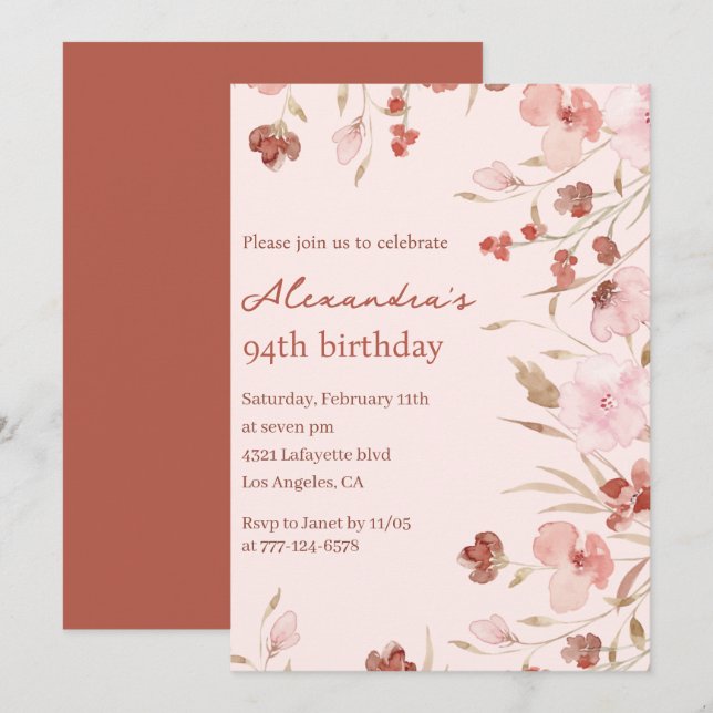 Elegant 94th birthday invitations Floral Chic (Front/Back)