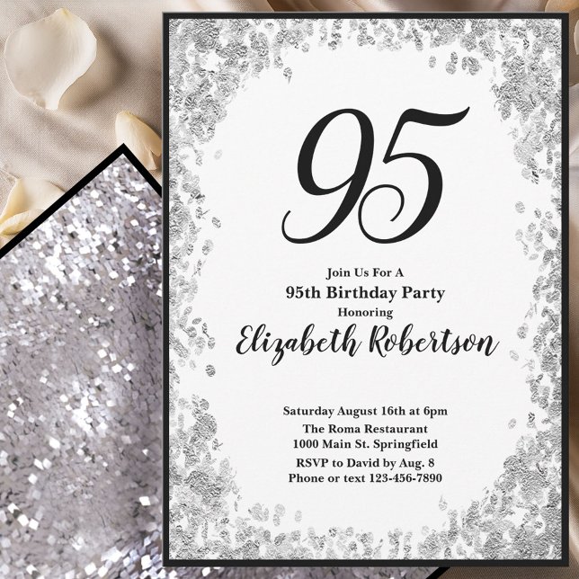 Elegant 95th Birthday Invitation For Her in Silver (Creator Uploaded)