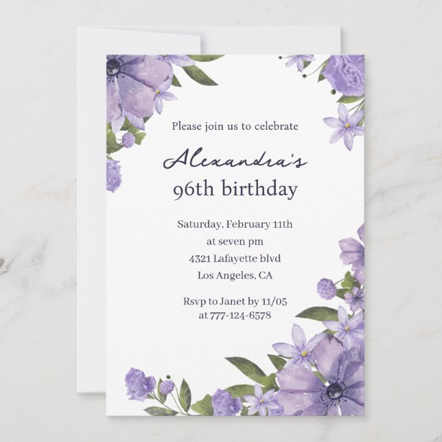 Elegant 96th birthday invitations Boho purple (Front)