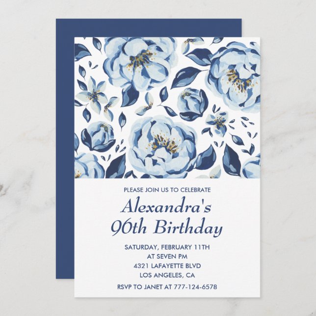 Elegant 96th birthday invitations Floral Vintage (Front/Back)
