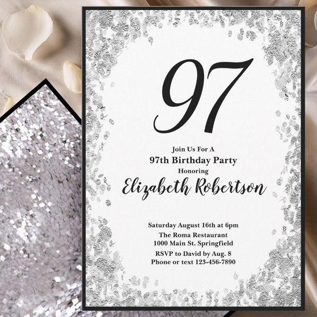 Elegant 97th Birthday Invitation Silver and Black (Creator Uploaded)