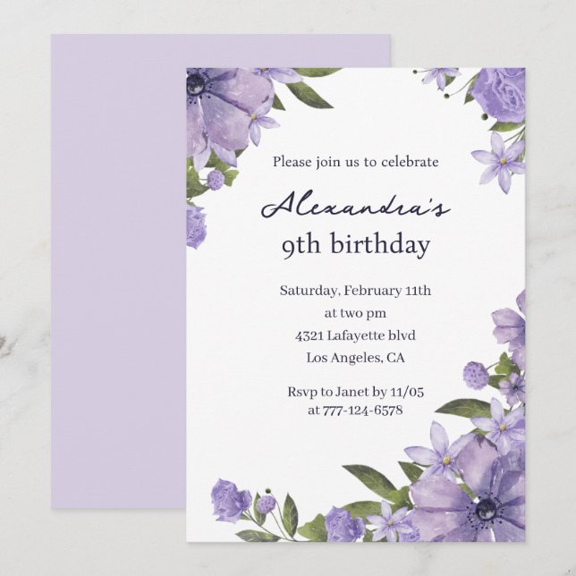 Elegant 9th birthday invitations Lavender Floral (Front/Back)