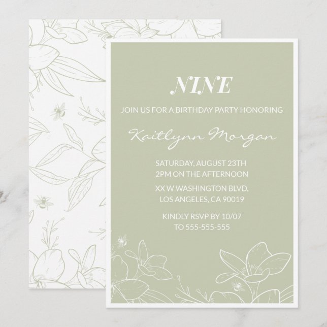 Elegant 9th birthday invitations Modern Floral  (Front/Back)