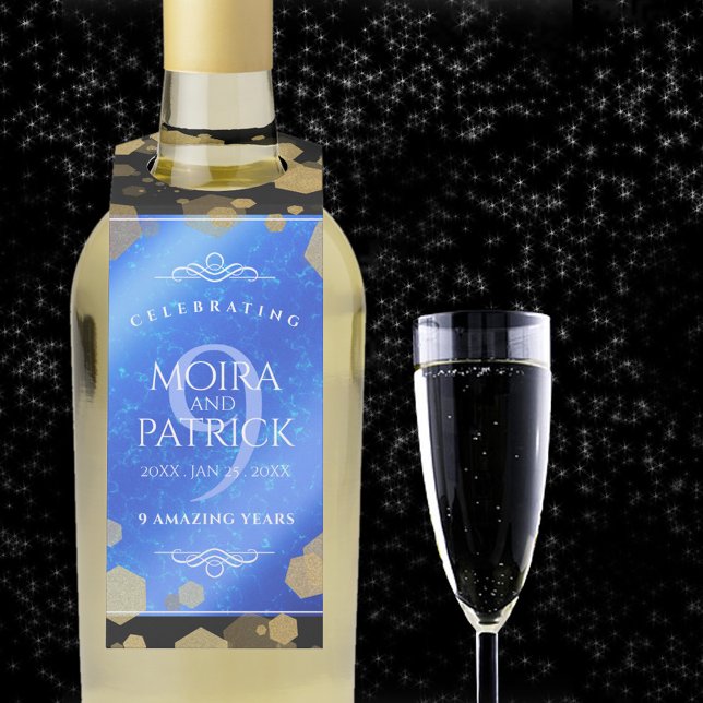 Elegant 9th Lapis Lazuli Wedding Anniversary Bottle Tag (9th wedding anniversary bottle hanger with champagne flute on a starry night sky.)