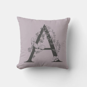 Elegant A Boho Floral Monogram Initial Lilac Grey Cushion